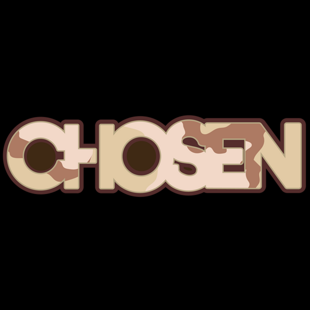 Chosen logo with desert camouflage pattern, beige and brown colors, on a black background.
