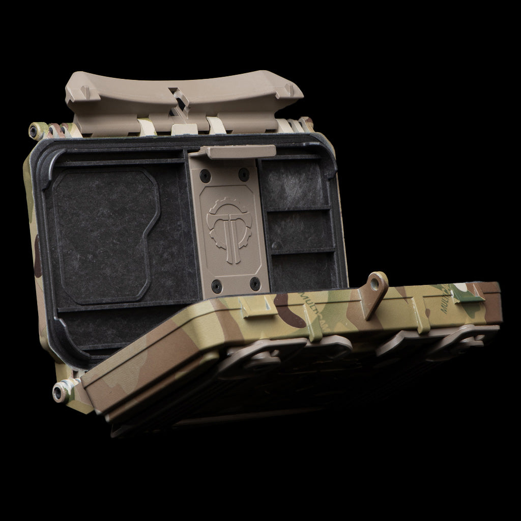 DarkVault 2.0 Critical Gear Case with camo design, showcasing its protective interior and secure closure for smartphones.