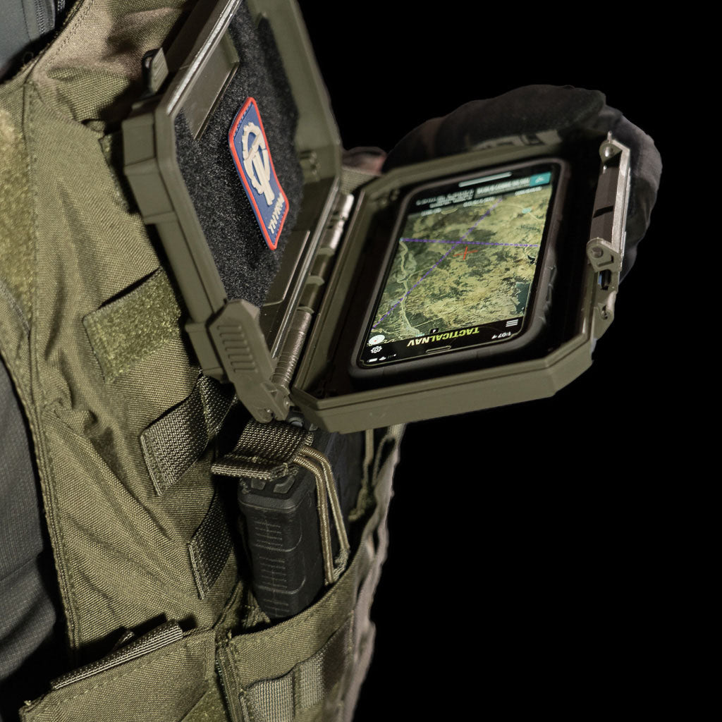 DarkVault Comms Critical Gear Case securely holds navigation and communications gear, showcasing a map display on a smart phone.