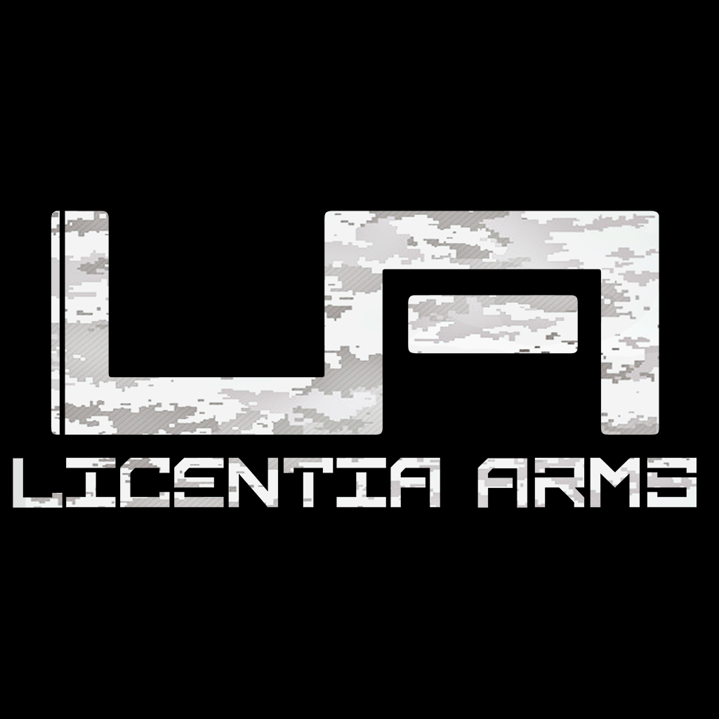 Licentia Arms logo with pixelated gray digital camouflage L and A above "LICENTIA ARMS" text