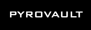 Black background with "PYROVAULT" in bold white text, showcasing a tactical product design by Thyrm for outdoor use.