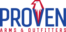 Proven Arms & Outfitters logo featuring an eagle's head in the letter V, as well as red, white and blue