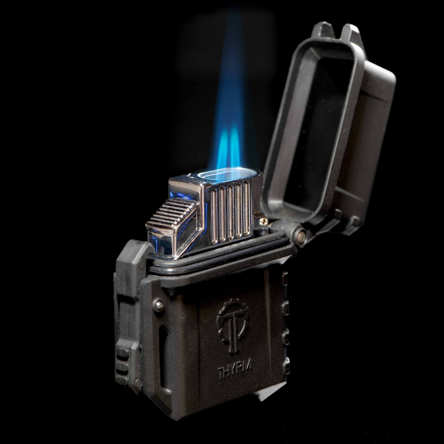 Durable PyroVault Lighter Armor with flame ignited, designed for tactical and wilderness use, showcasing rugged protection.