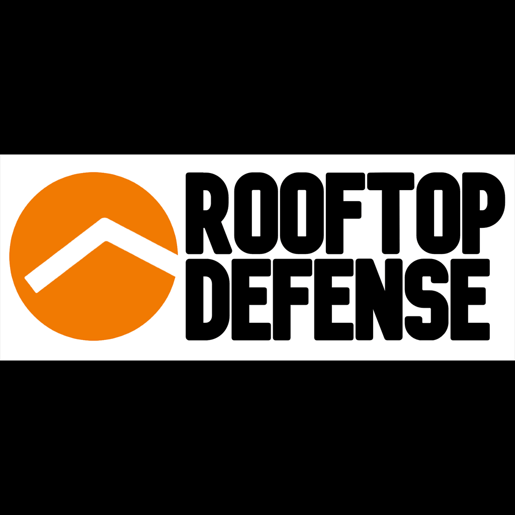 Rooftop Defense logo with black text, orange circle, and white rooftop icon on a white background.