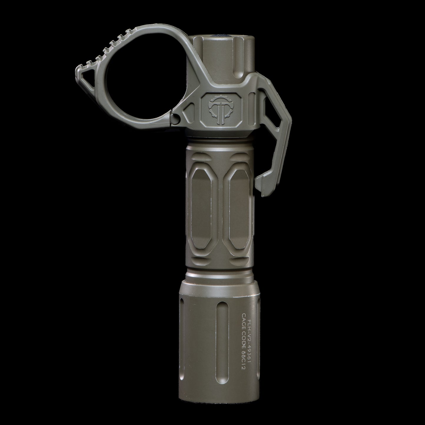 Modlite Tactical flashlight with rugged olive drab finish, textured grip, and integrated Thyrm Switchback finger ring for secure handling and wilderness use.
