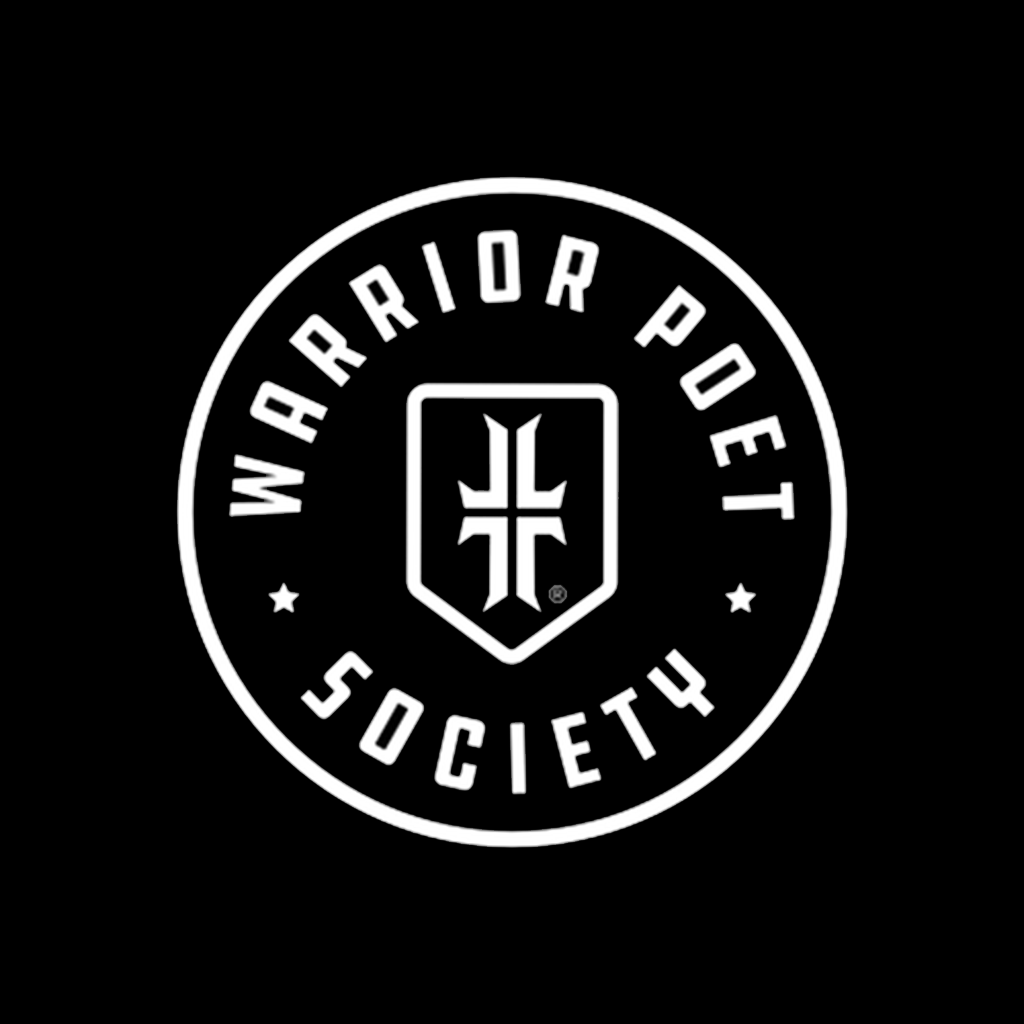 Black circular logo with white "WARRIOR POET SOCIETY" text and a shield emblem featuring a stylized cross.