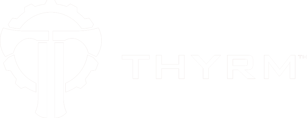 Thyrm logo on a taupe background, featuring a gear and tactical design, representing innovative outdoor and tactical gear.