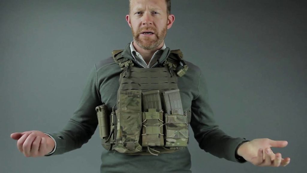 Still shot from MilSpec Monkey Video featuring chest rig carry of CellVault XL