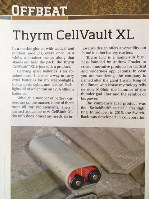 Photo of "Offbeat" section of SWAT Magazine, showing an article about the Thyrm CellVault XL