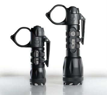Two SwitchBack Large 2.0 Flashlight Rings in black, mounted on different Elzetta flashlights
