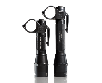 Two SwitchBack Large 2.0 Flashlight Rings in black, mounted to two different sizes of Fury Intellibeam lights