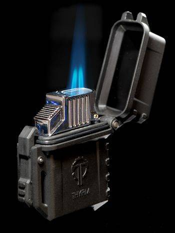 Black PyroVault Lighter Armor housing Z-Bolt lighter insert, showing blue flame