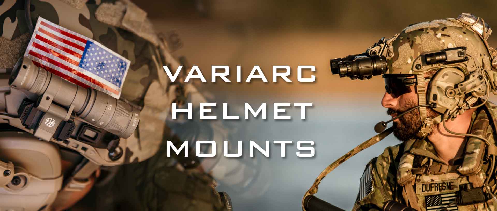 VariArc Helmet Mounts attached to two helmets alongside other gear
