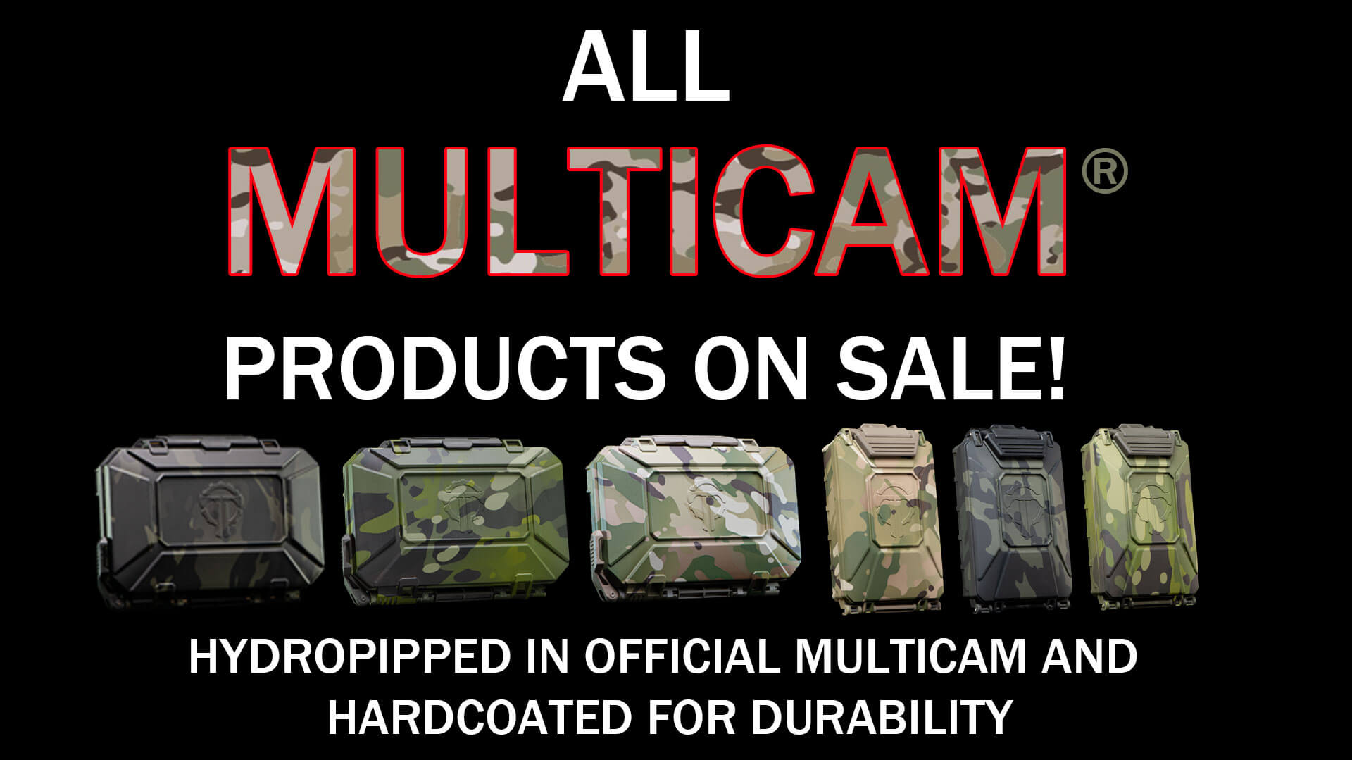 MultiCam hydro dipped Thyrm products including DarkVault-Comms and CellVault-5M Cases