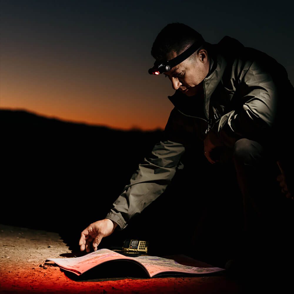 Man viewing a map with a head lamp