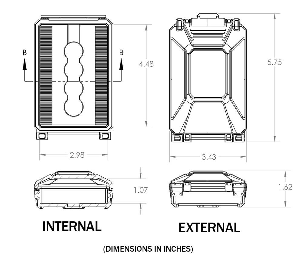 Diagram showing internal and external dimensions of a CellVault-5M Modular Battery Storage Case
