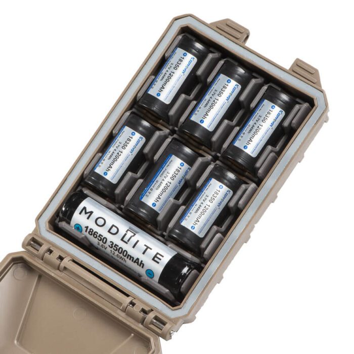 CellVault-5M Case with six 18350 batteries and one 18650 battery mounted inside