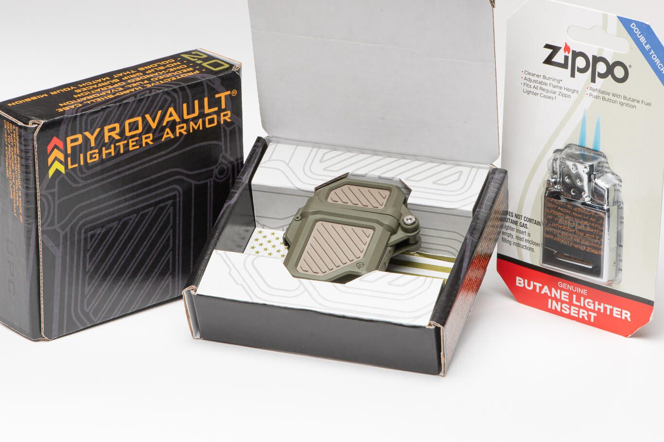 Packaging of PyroVault 2.0 Lighter Armor with PyroVault 2.0 and Zippo Double Torch Butane Lighter Insert