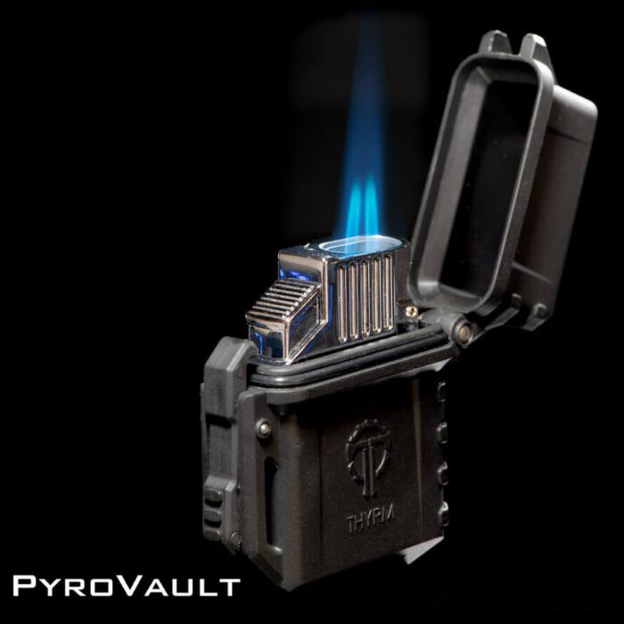 Thyrm PyroVault Lighter Armor with a lit butane insert and product name
