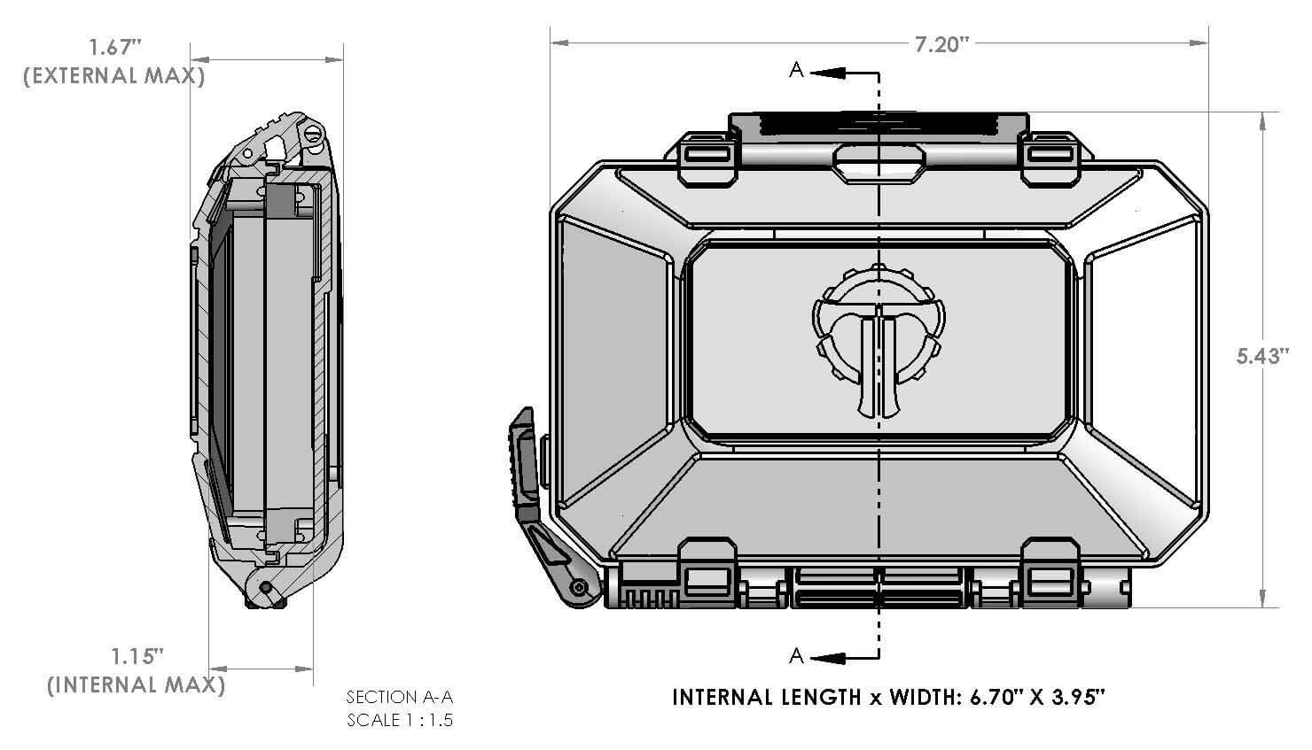 Diagram showing internal and external dimensions of the DarkVault Critical Gear Case