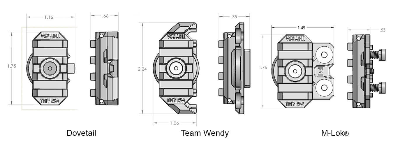 Diagrams showing dimensions of the VariArc Dovetail, Team Wendy, and M-Lok Helmet Mounts