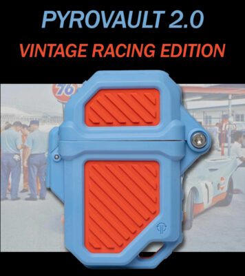 PyroVault 2.0 Lighter Armor Vintage Racing Edition with 1950s imagery in the background