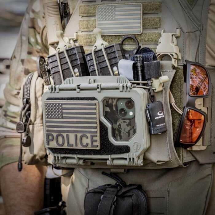 DarkVault Comms 2.0 Critical Gear Case on a Chest Rig with other Gear