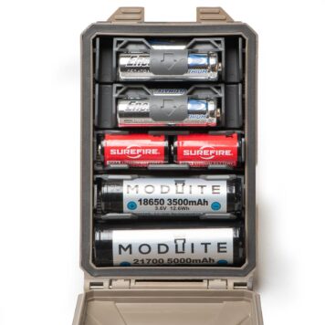 Open CellVault-5M showing range of battery inserts, with batteries