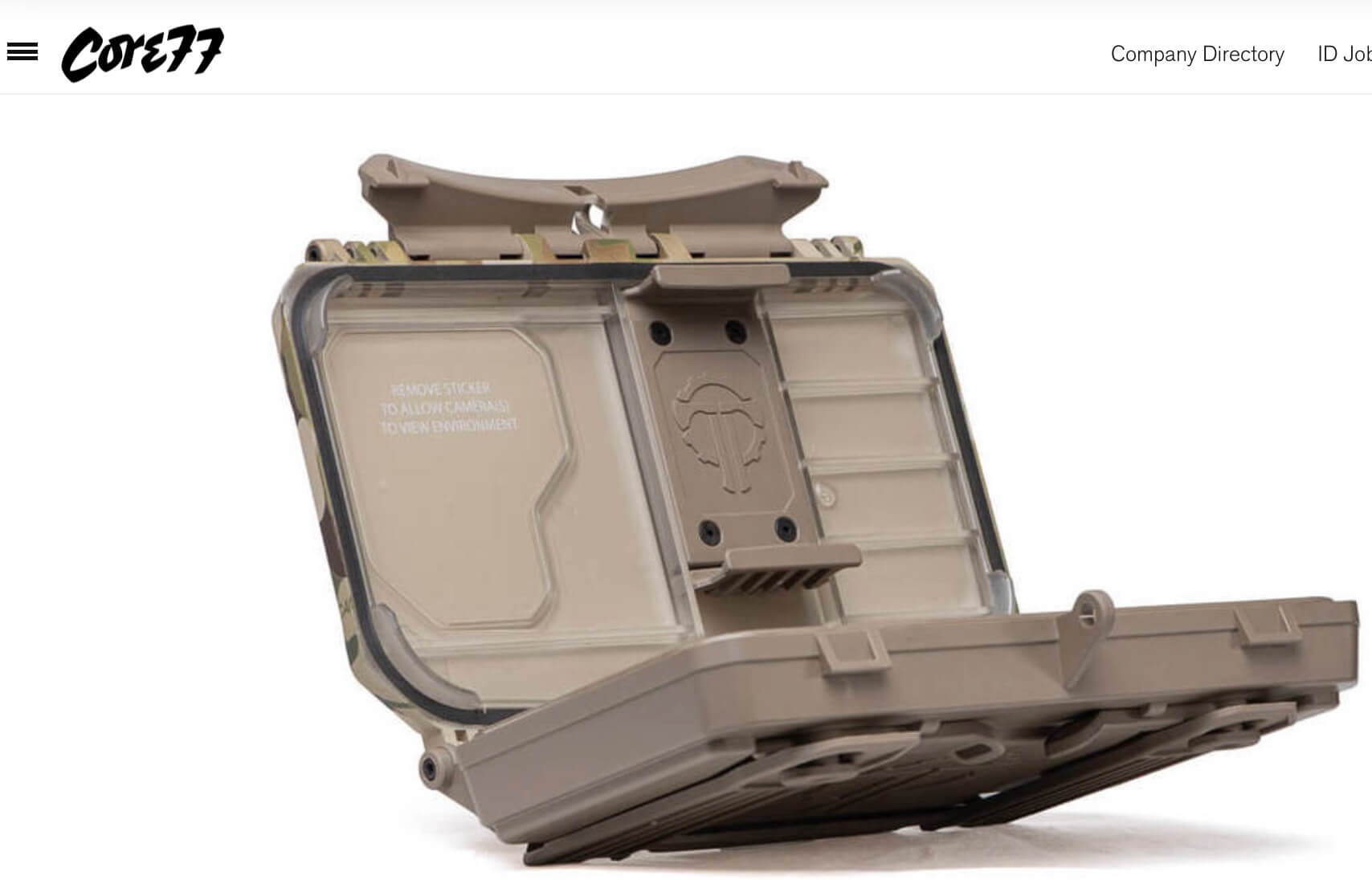 Open DarkVault 2.0 Comms Case in FDE/MultiCam, featured in Core77 article