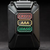 CR123, AAA and 18650 battery patches in black on a Black CellVault-5M Case