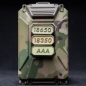 18650, 18350 and AAA patches in Tan on a CellVault-5M Modular Battery Storage Case in hydrodipped MultiCam